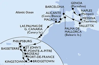Route 27 Nächte Positionierungsfahrten ab Genua bis Fort De France