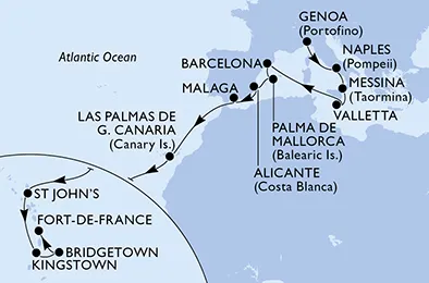 Route 20 Nächte Positionierungsfahrten ab Genua bis Fort De France