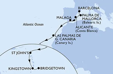 Route 14 Nächte Positionierungsfahrten ab Barcelona bis Bridgetown