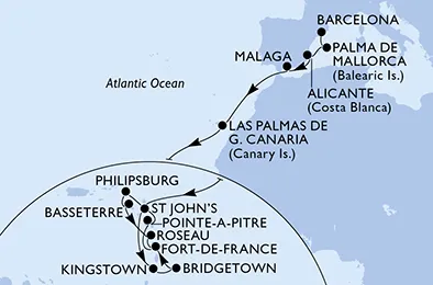 Route 22 Nächte Positionierungsfahrten ab Barcelona bis Fort De France