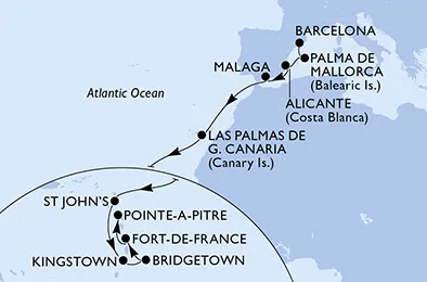 Route 16 Nächte Positionierungsfahrten ab Barcelona bis Pointe A Pitre