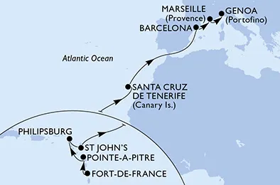 Route 15 Nächte Positionierungsfahrten ab Fort De France bis Genua