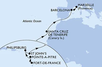 Route 14 Nächte Positionierungsfahrten ab Fort De France bis Marseille