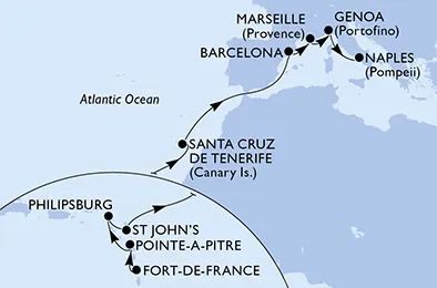 Route 16 Nächte Positionierungsfahrten ab Fort De France bis Neapel