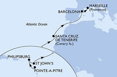 Route 13 Nächte Positionierungsfahrten ab Pointe A Pitre bis Marseille