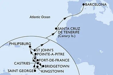 Route 20 Nächte Positionierungsfahrten ab Fort De France bis Barcelona