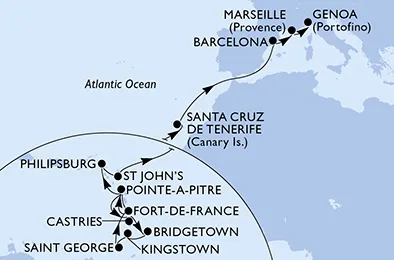Route 22 Nächte Positionierungsfahrten ab Fort De France bis Genua