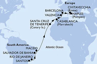 Route 19 Nächte Positionierungsfahrten ab Santos bis Civitavecchia (Rom)