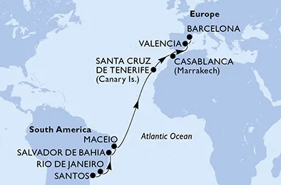 Route 16 Nächte Positionierungsfahrten ab Santos bis Barcelona