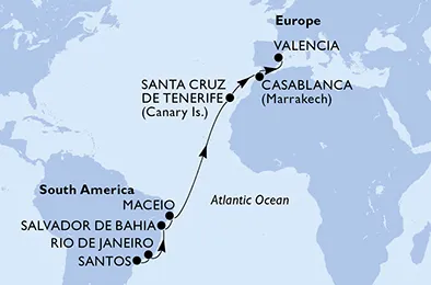 Route 15 Nächte Positionierungsfahrten ab Santos bis Valencia