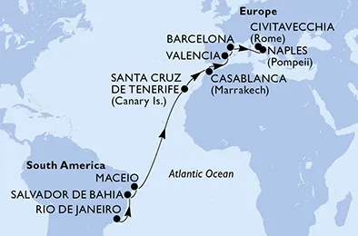 Route 18 Nächte Positionierungsfahrten ab Rio De Janeiro bis Civitavecchia (Rom)
