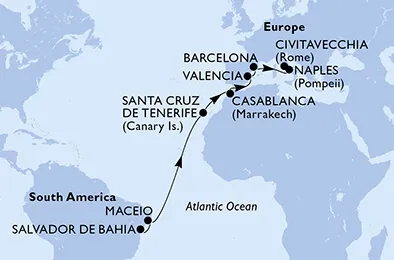 Route 16 Nächte Positionierungsfahrten ab Salvador bis Civitavecchia (Rom)