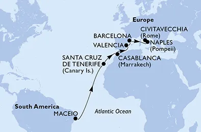 Route 15 Nächte Positionierungsfahrten ab Maceió bis Civitavecchia (Rom)