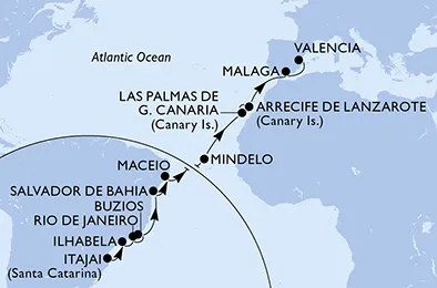 Route 19 Nächte Positionierungsfahrten ab Itajaí bis Valencia
