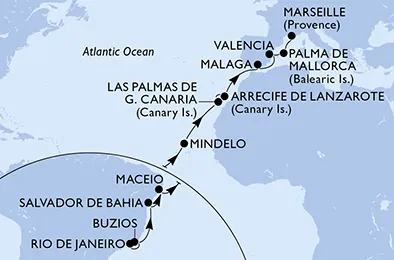 Route 19 Nächte Positionierungsfahrten ab Rio De Janeiro bis Marseille