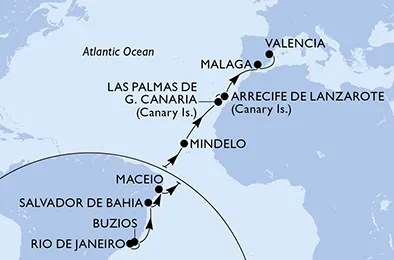Route 17 Nächte Positionierungsfahrten ab Rio De Janeiro bis Valencia