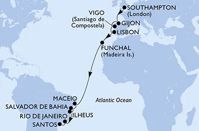 Route 19 Nächte Positionierungsfahrten ab Southampton bis Santos