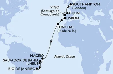 Route 18 Nächte Positionierungsfahrten ab Southampton bis Rio De Janeiro