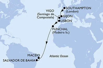 Route 15 Nächte Positionierungsfahrten ab Southampton bis Salvador