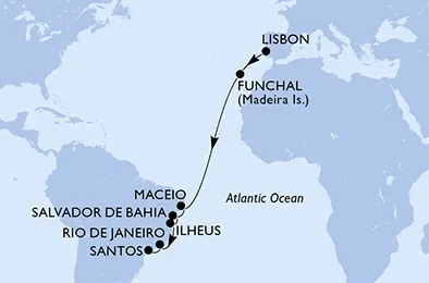 Route 14 Nächte Positionierungsfahrten ab Lissabon bis Santos
