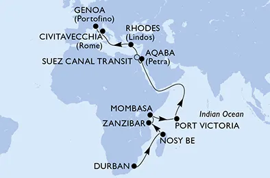 Route 26 Nächte Positionierungsfahrten ab Durban bis Genua
