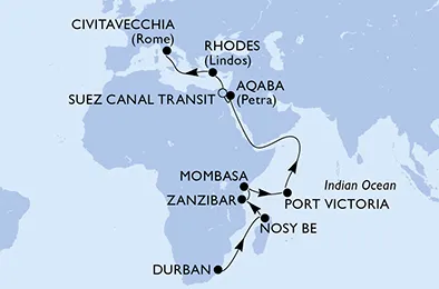 Route 25 Nächte Positionierungsfahrten ab Durban bis Civitavecchia (Rom)