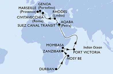 Route 27 Nächte Positionierungsfahrten ab Durban bis Marseille