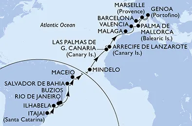 Route 24 Nächte Positionierungsfahrten ab Itajaí bis Barcelona