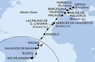 Route 22 Nächte Positionierungsfahrten ab Rio De Janeiro bis Barcelona