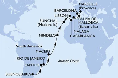 Route 25 Nächte Positionierungsfahrten ab Buenos Aires bis Marseille