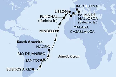 Route 24 Nächte Positionierungsfahrten ab Buenos Aires bis Barcelona