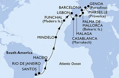Route 23 Nächte Positionierungsfahrten ab Santos bis Genua