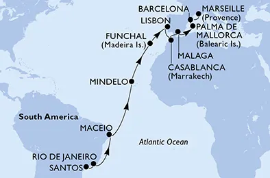 Route 22 Nächte Positionierungsfahrten ab Santos bis Marseille