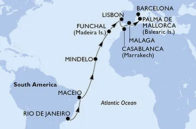 Route 20 Nächte Positionierungsfahrten ab Rio De Janeiro bis Barcelona