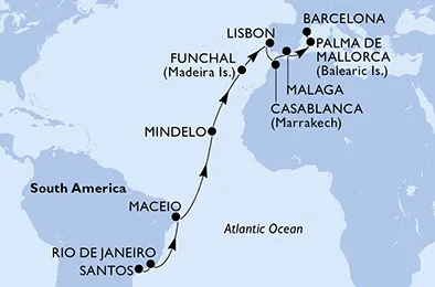 Route 21 Nächte Positionierungsfahrten ab Santos bis Barcelona