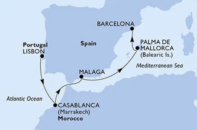 Route 7 Nächte Positionierungsfahrten ab Lissabon bis Barcelona