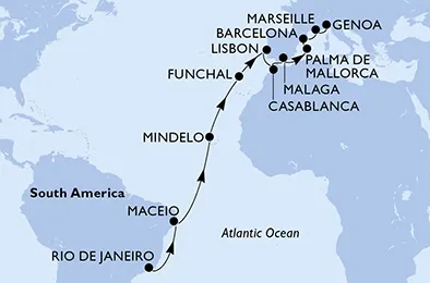 Route 22 Nächte Positionierungsfahrten ab Rio De Janeiro bis Genua