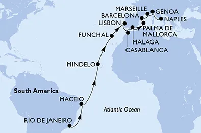 Route 23 Nächte Positionierungsfahrten ab Rio De Janeiro bis Neapel