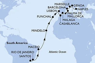 Route 24 Nächte Positionierungsfahrten ab Santos bis Neapel