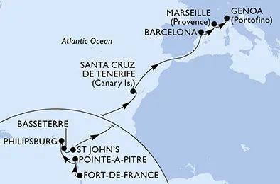 Route 16 Nächte Positionierungsfahrten ab Fort De France bis Genua