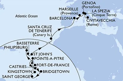 Route 25 Nächte Karibik ab Fort De France bis Civitavecchia (Rom)