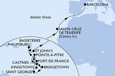 Route 21 Nächte Karibik ab Fort De France bis Barcelona