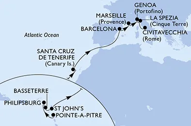 Route 17 Nächte Positionierungsfahrten ab Pointe A Pitre bis Civitavecchia (Rom)