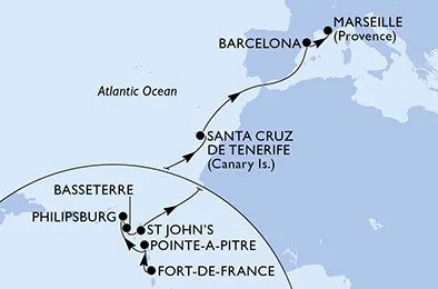 Route 15 Nächte Positionierungsfahrten ab Fort De France bis Marseille