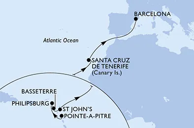 Route 13 Nächte Positionierungsfahrten ab Pointe A Pitre bis Barcelona