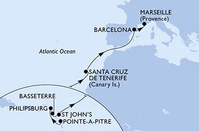Route 14 Nächte Positionierungsfahrten ab Pointe A Pitre bis Marseille