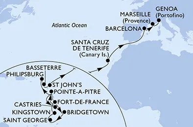 Route 23 Nächte Karibik ab Fort De France bis Genua