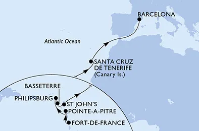 Route 14 Nächte Positionierungsfahrten ab Fort De France bis Barcelona