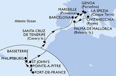 Route 20 Nächte Positionierungsfahrten ab Fort De France bis Palma de Mallorca