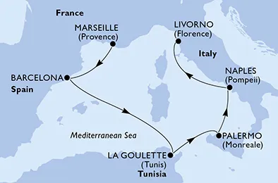 Route 6 Nächte Mittelmeer ab Marseille bis Florenz/Livorno